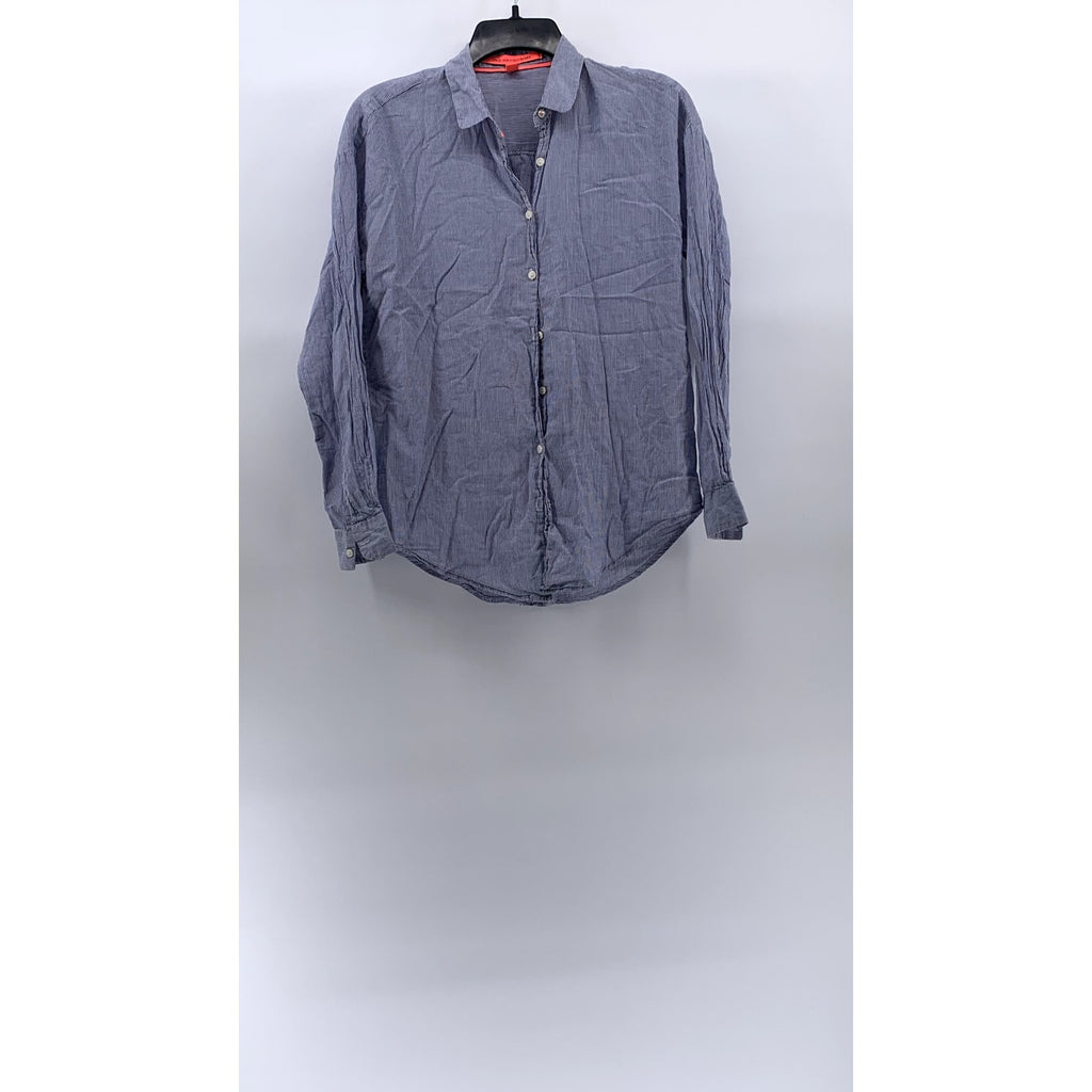 LOVE MANGO Women's Blue Striped Regular-Fit Button-Up Long Sleeve Top SZ S