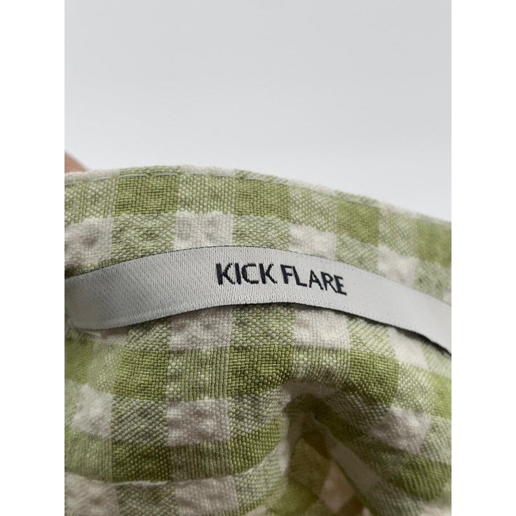 BERSHKA Women's Green-White Gingham Kick Flare Pocketless Split Hem Pant SZ 2