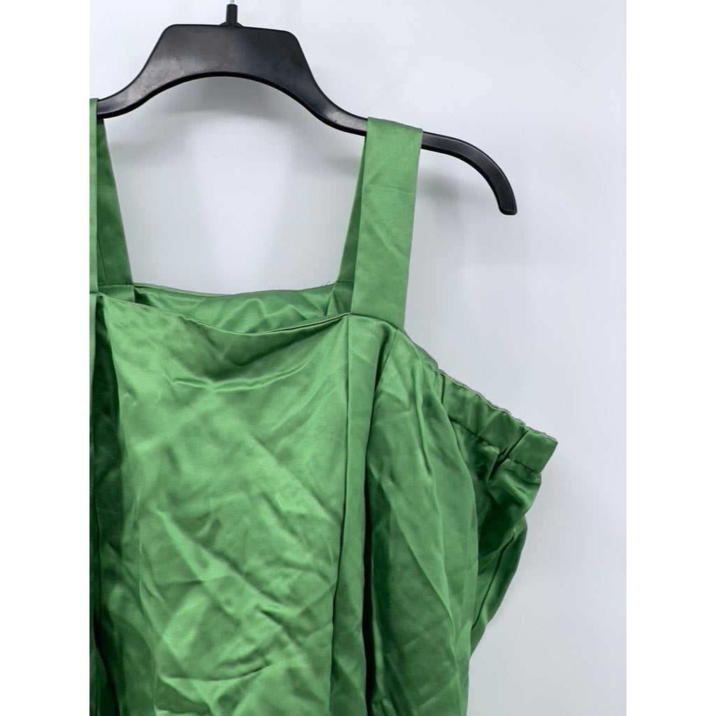 UNBRANDED Women's Green Satin Straight-Neck Long Sleeve Cutout Shoulder Top SZ M