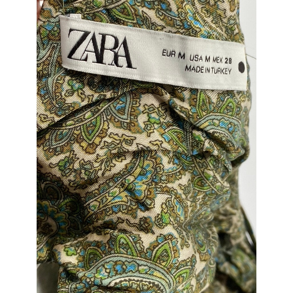 ZARA Women's Green Printed Ruched V-Neck Spaghetti Strap Mini Dress SZ M