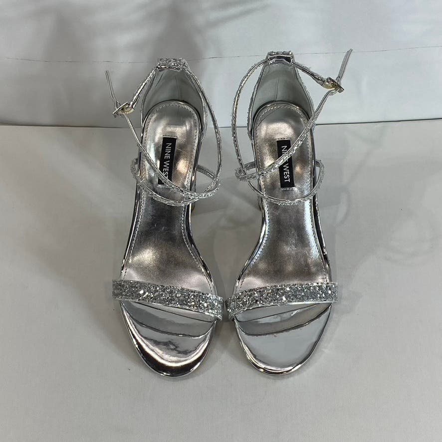NINE WEST Women's Silver Celebra Sequin Ankle Strap Heeled Sandals SZ 7