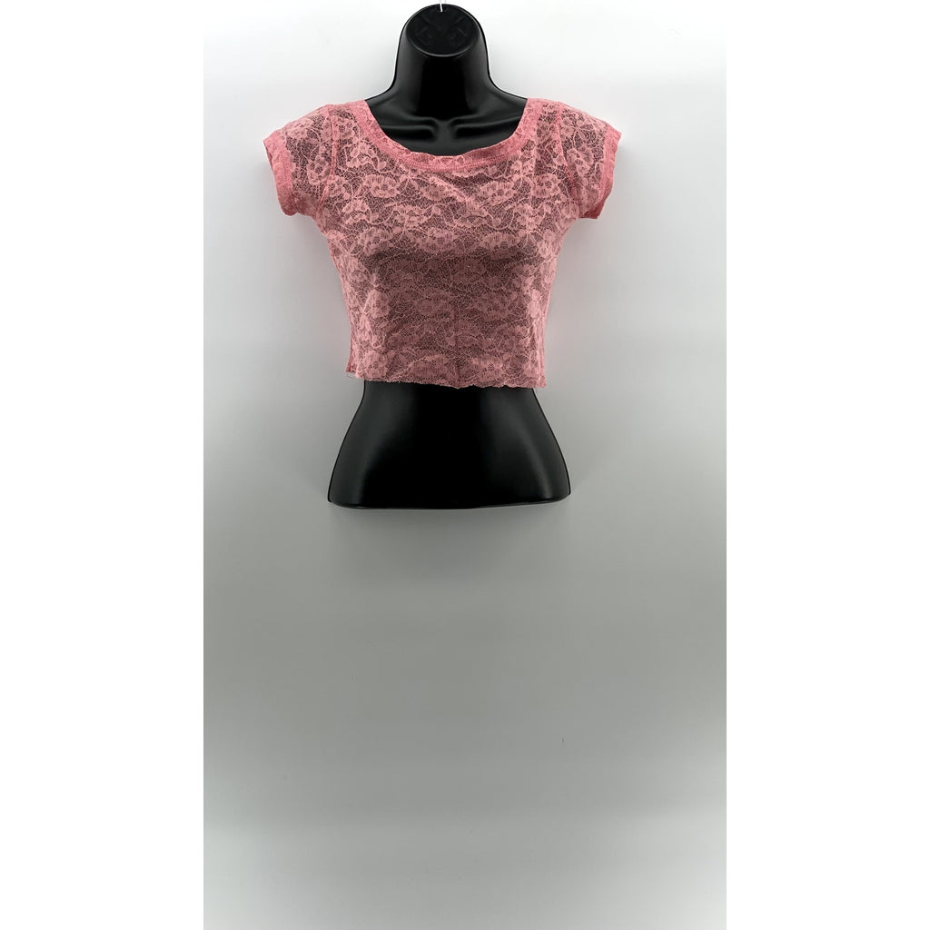 UNBRANDED Women's Light Pink Crewneck Lace Short Sleeve Cropped Top SZ XS