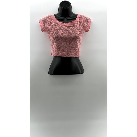 UNBRANDED Women's Light Pink Crewneck Lace Short Sleeve Cropped Top SZ XS