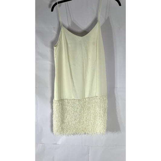 EMMELINE Women's Cream V-Neck Fringe-Hem Slip Mini Dress SZ M