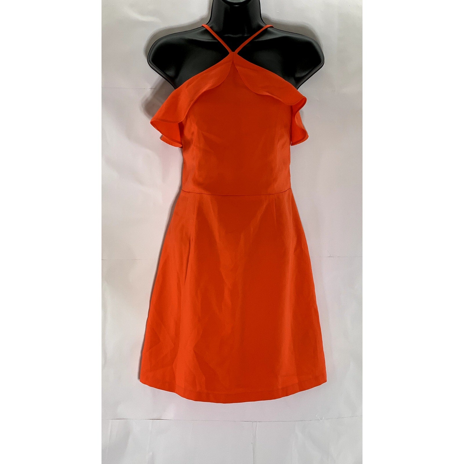 KIMCHI BLUE Women's Red-Orange Solid Ruffle Y-Neck A-Line Mini Dress SZ 8