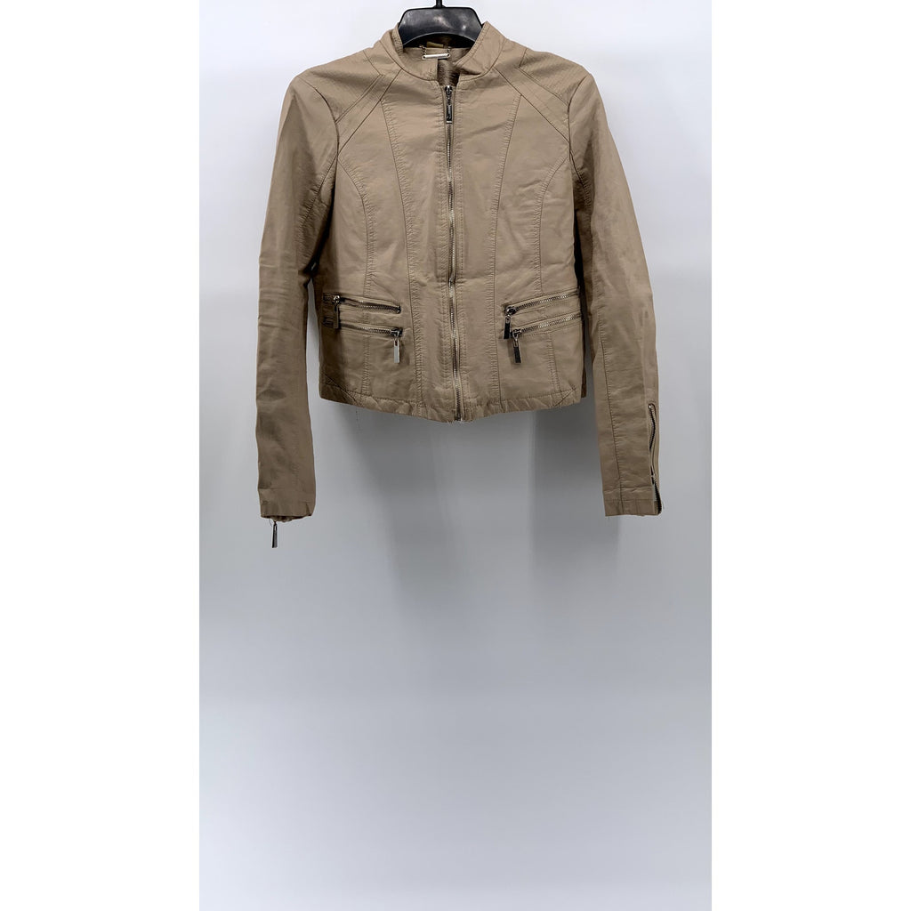 JOUJOU Women's Beige Faux-Leather Collarless Zip-Up Moto Jacket SZ M