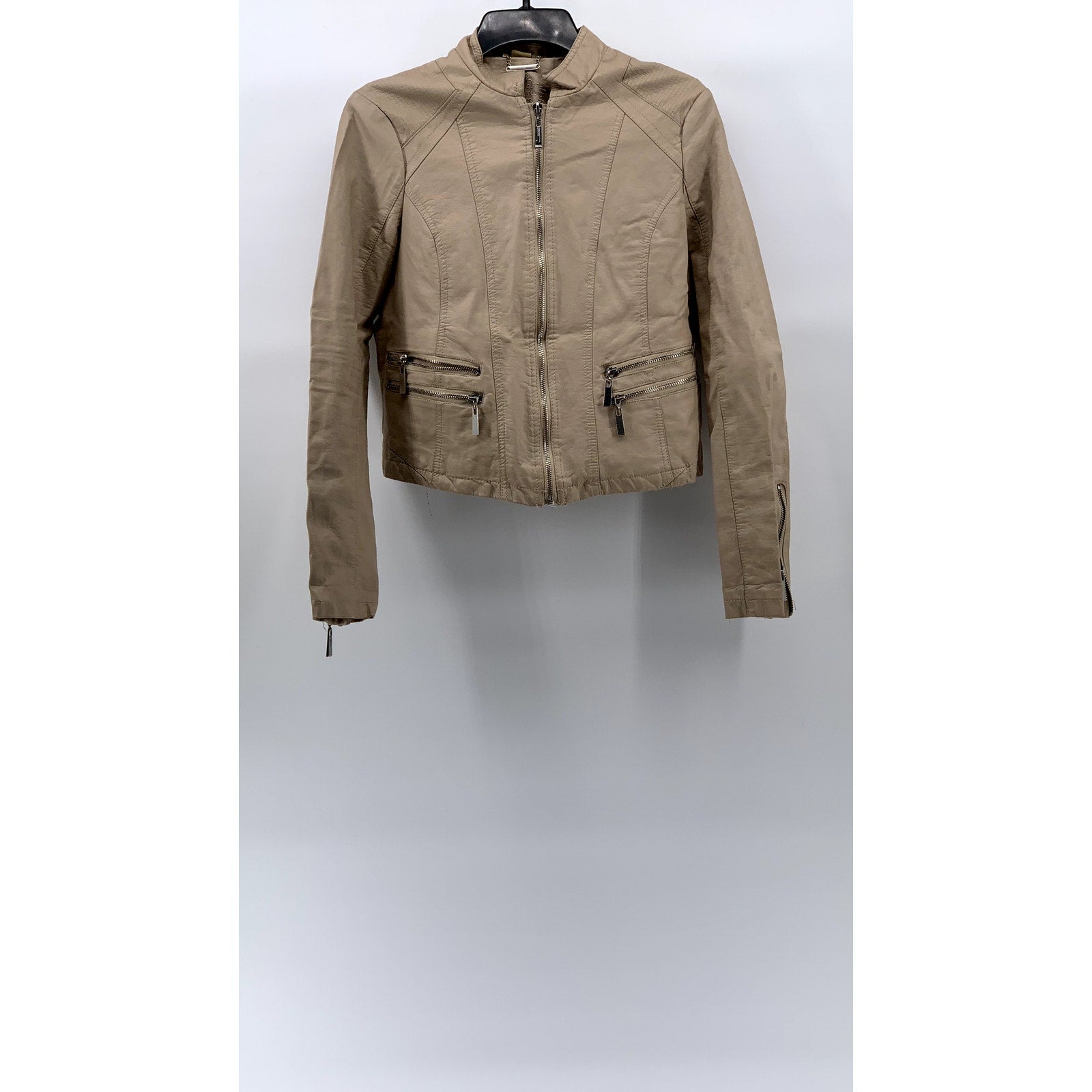 JOUJOU Women's Beige Faux-Leather Collarless Zip-Up Moto Jacket SZ M