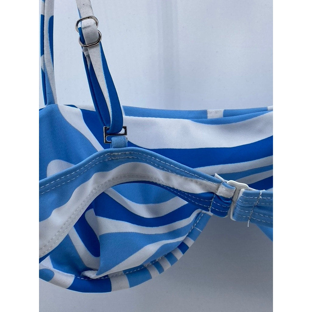 AURELLE Women's Blue-White Swirl Print Adjustable Strap Bikini Top SZ M
