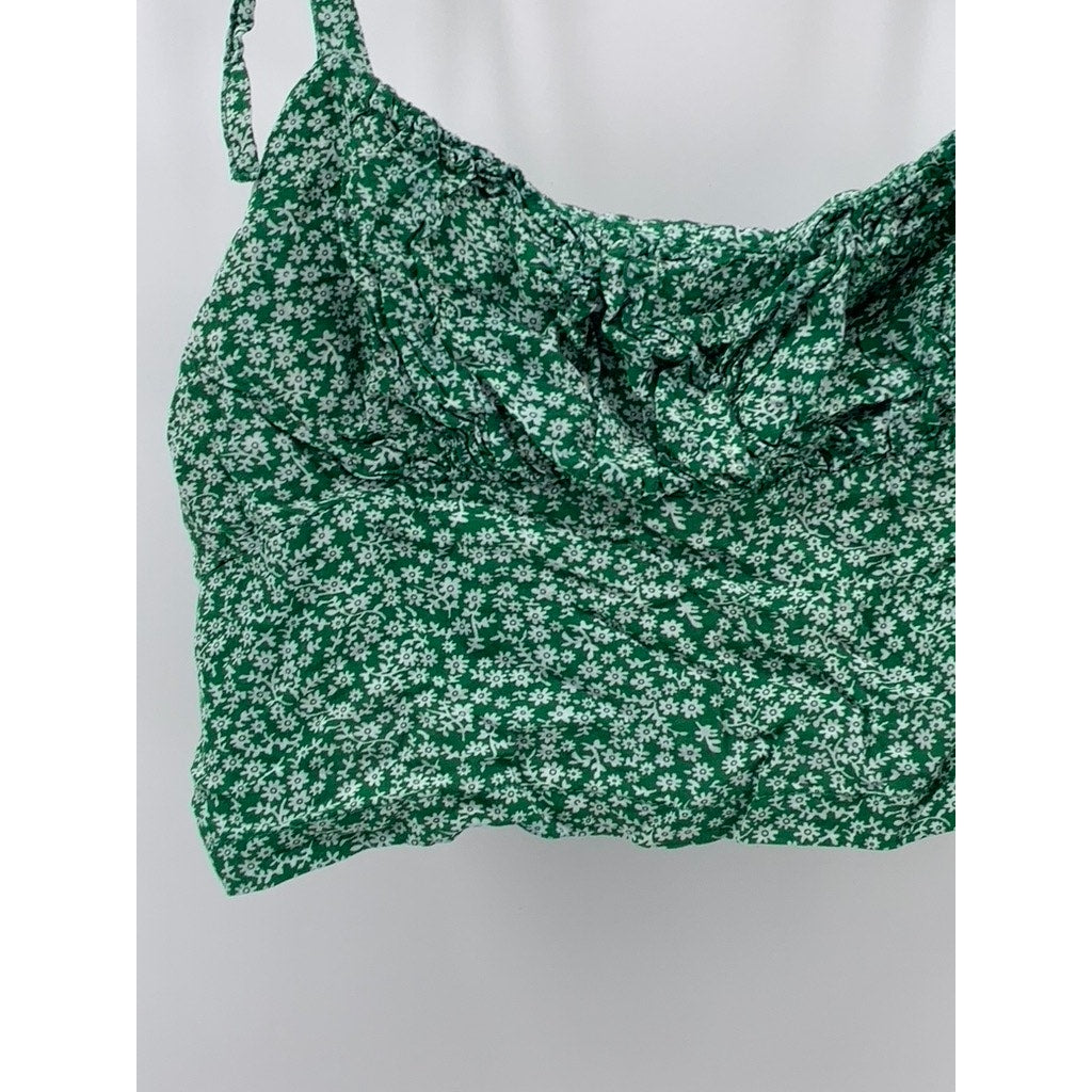 SHEIN Women's Green Ditsy Floral Smocked Tie Spaghetti Strap Cropped Top SZ M