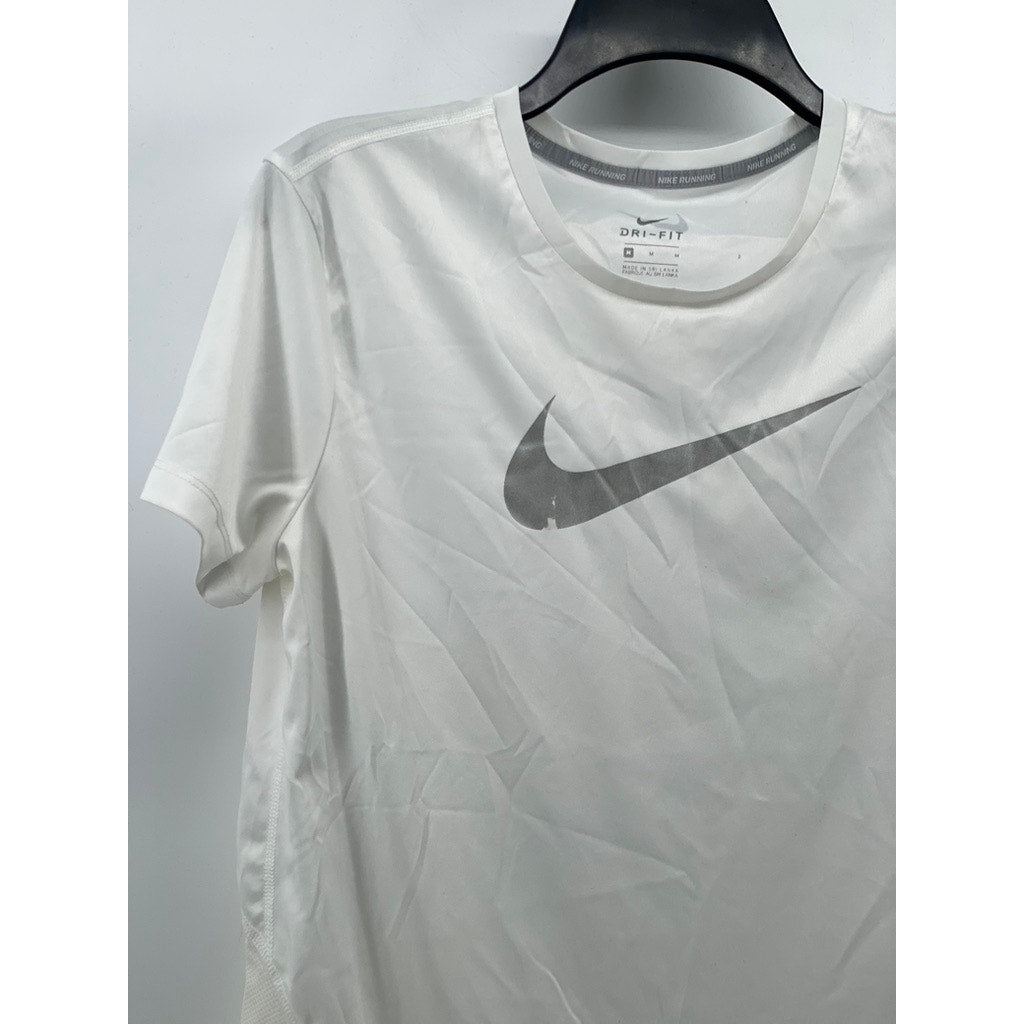 NIKE Women's White Crewneck Dri-Fit Large Swoosh Short Sleeve Running Top SZ M