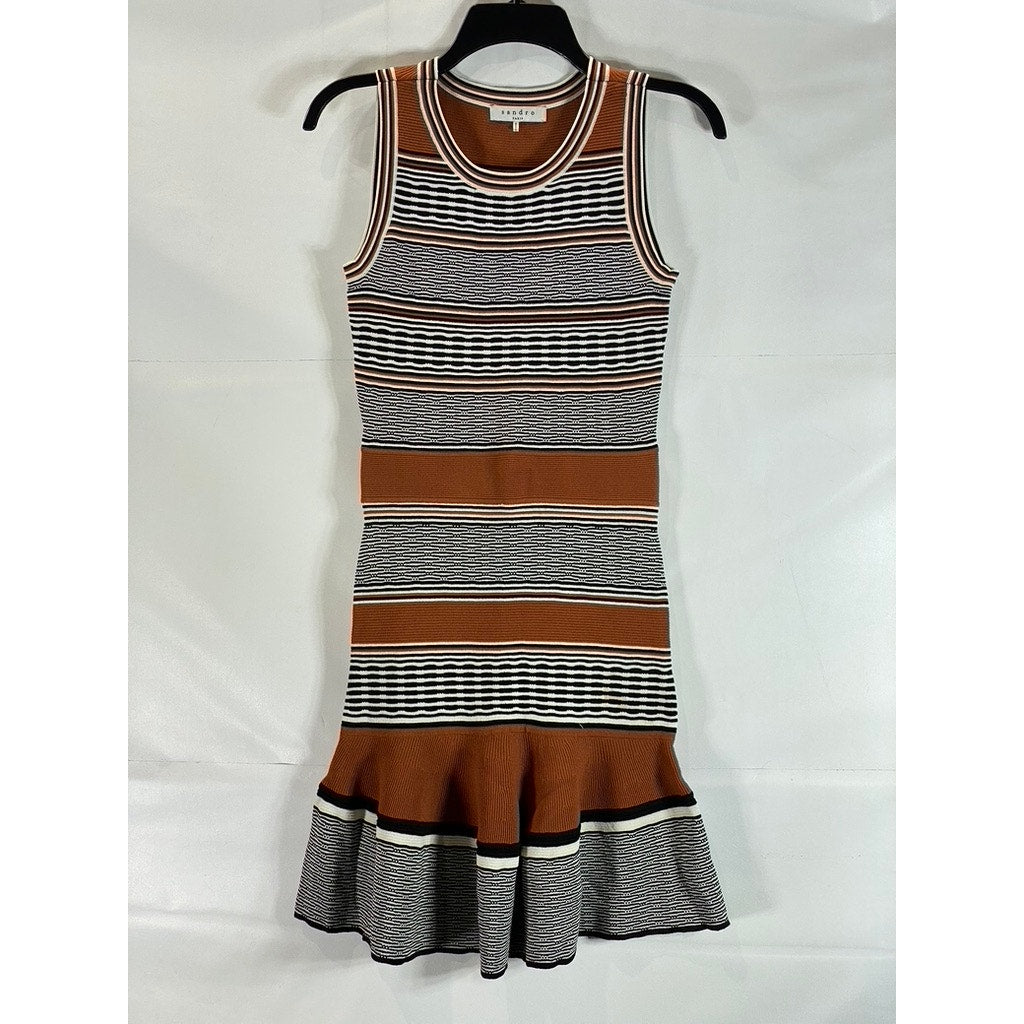 SANDRO PARIS Women's Knit Ribbed Brown/Black Sleeveless Knee Length Dress SZ M