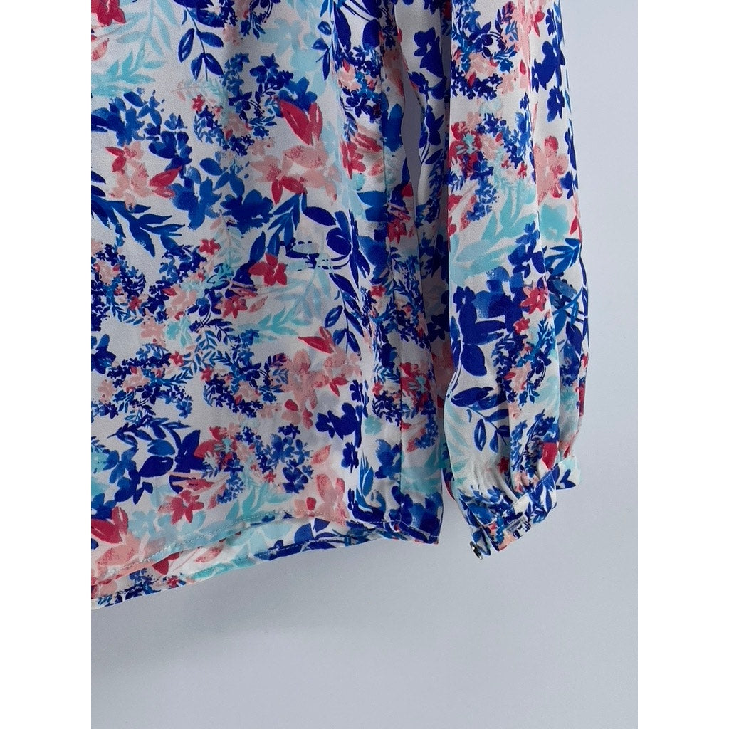 TALBOTS Women's Blue Floral Print Long Sleeve Henley Collar Shirt SZ XS
