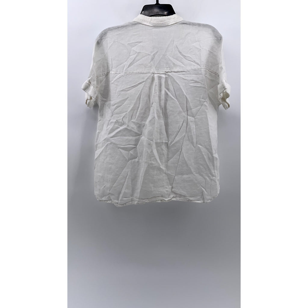 MNG Women's White Linen Button-Up Short Sleeve Top SZ 2