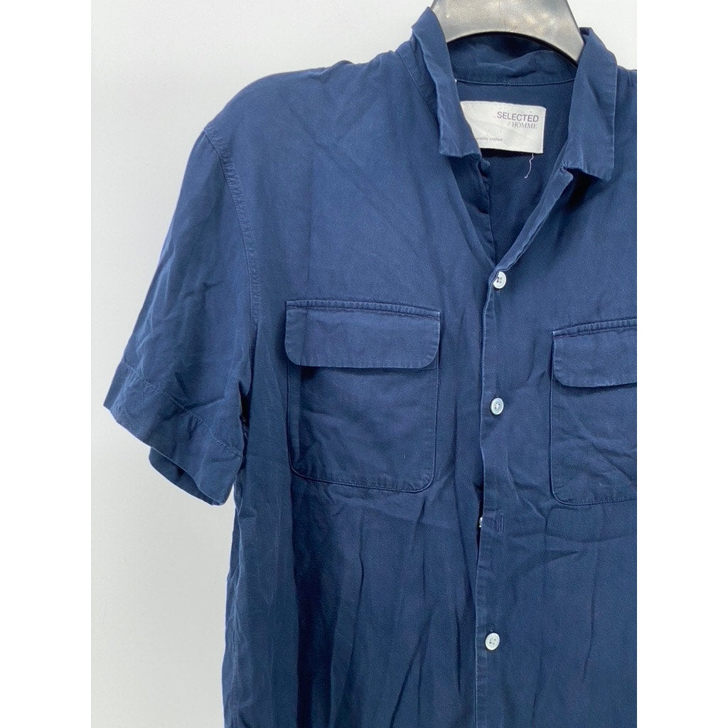 SELECTED HOMME Men's Dark Blue Regular-Fit Button-Up Short Sleeve Shirt SZ M