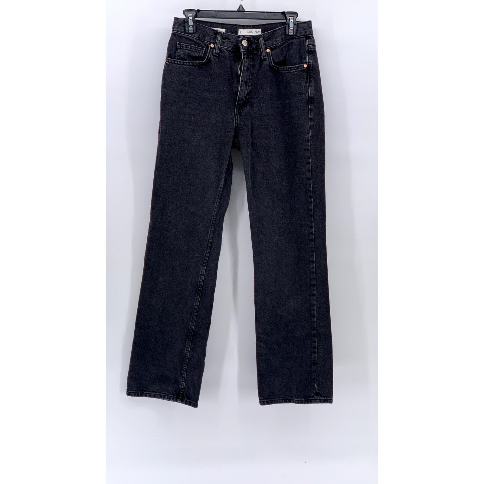 MNG Women's Washed Black Denim Straight-Leg Mid-Rise Matilda Jeans SZ 6