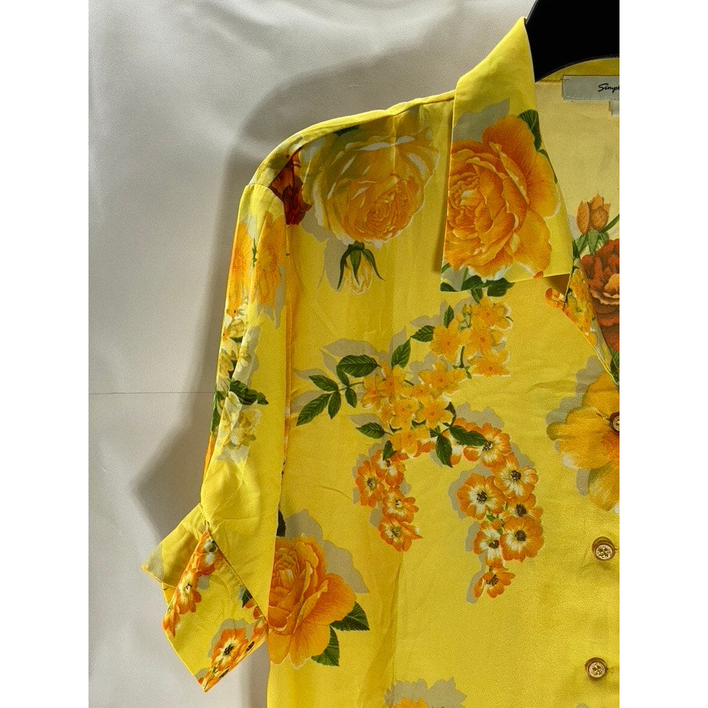 SIMPLE RETRO Women's Yellow/Orange Floral Print Short Sleeve Button-Up Top SZ S