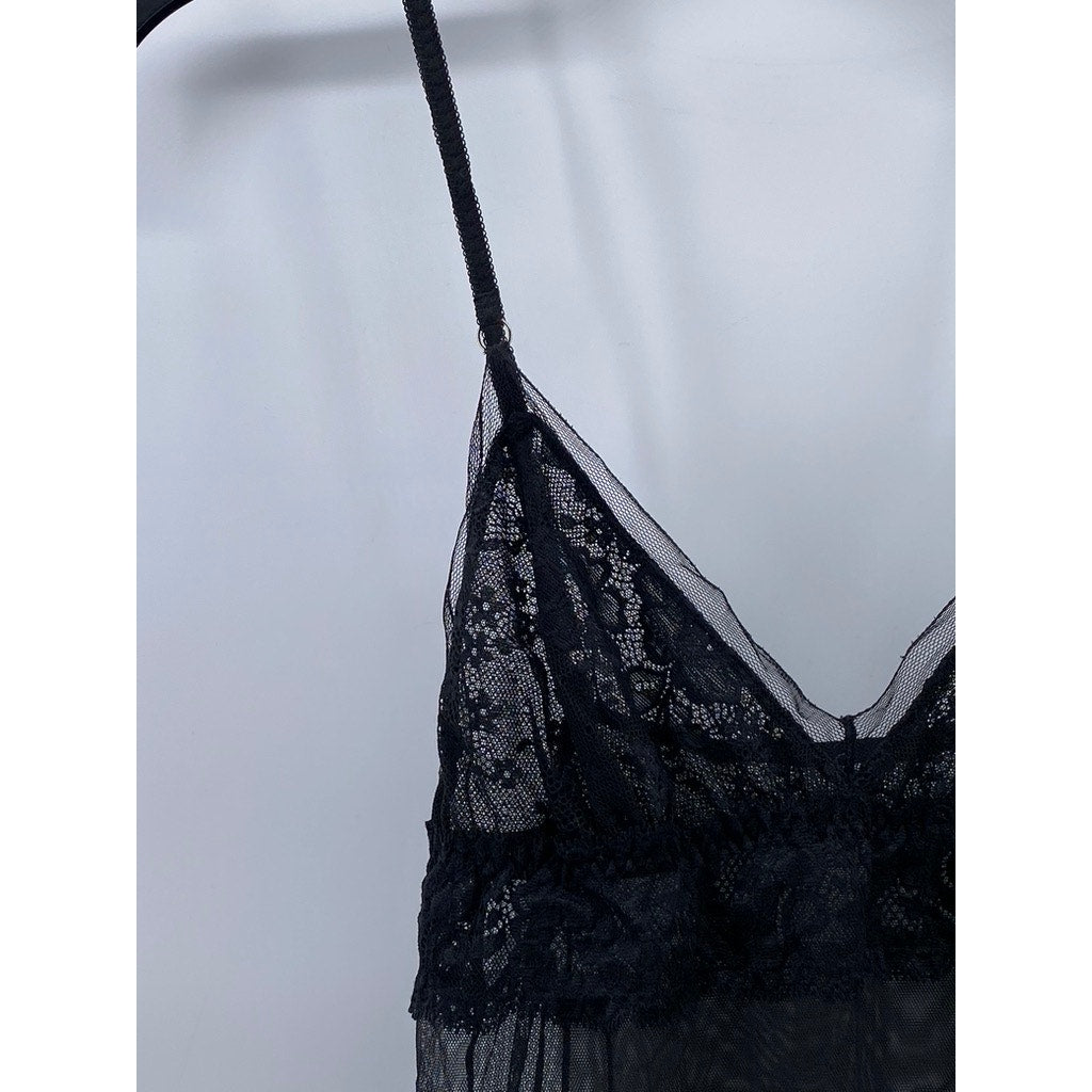 UNBRANDED Women's Black Lace Trim Sheer V-Neck Spaghetti Strap Night Gown SZ S