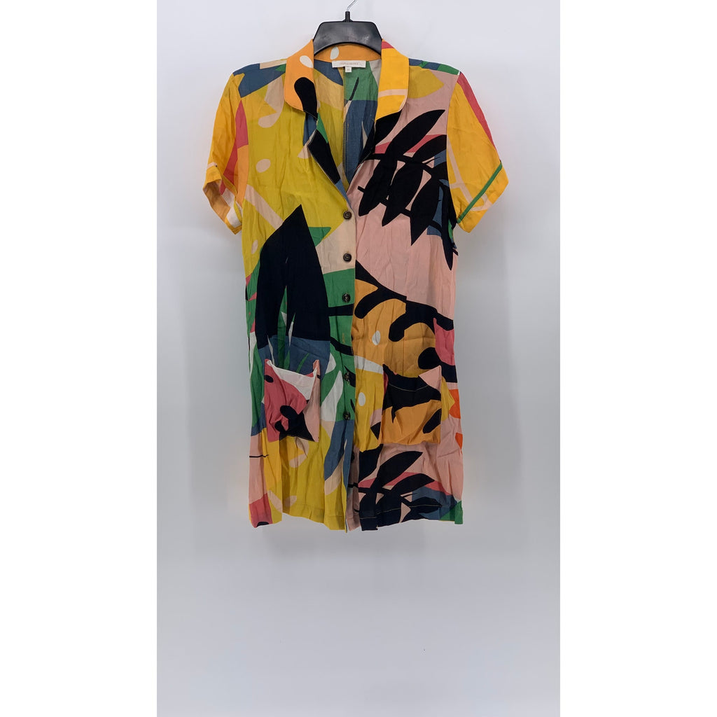 OLIVACIOUS Women's Yellow-Multicolor Tropical Print Button-Up Shirt Dress SZ M