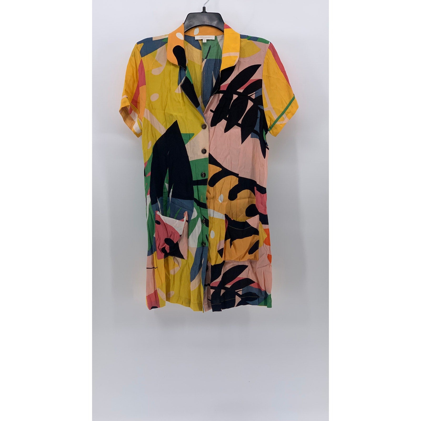 OLIVACIOUS Women's Yellow-Multicolor Tropical Print Button-Up Shirt Dress SZ M