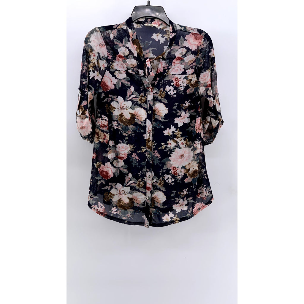 SIREN LILY Women's Navy Floral Mesh Button-Up Long Sleeve Top SZ S