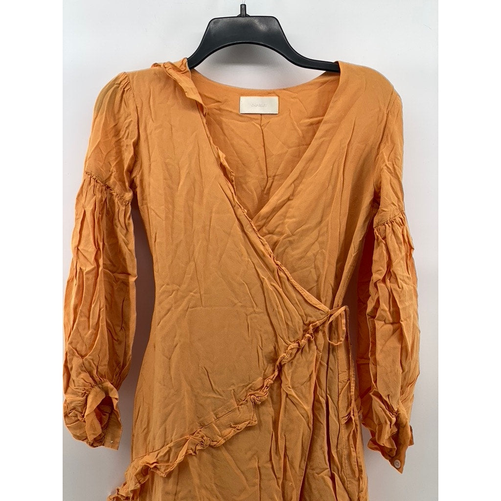 CAPULET Women’s Orange Pansy Asymmetrical Hem Wrap Long Sleeve Dress SZ S