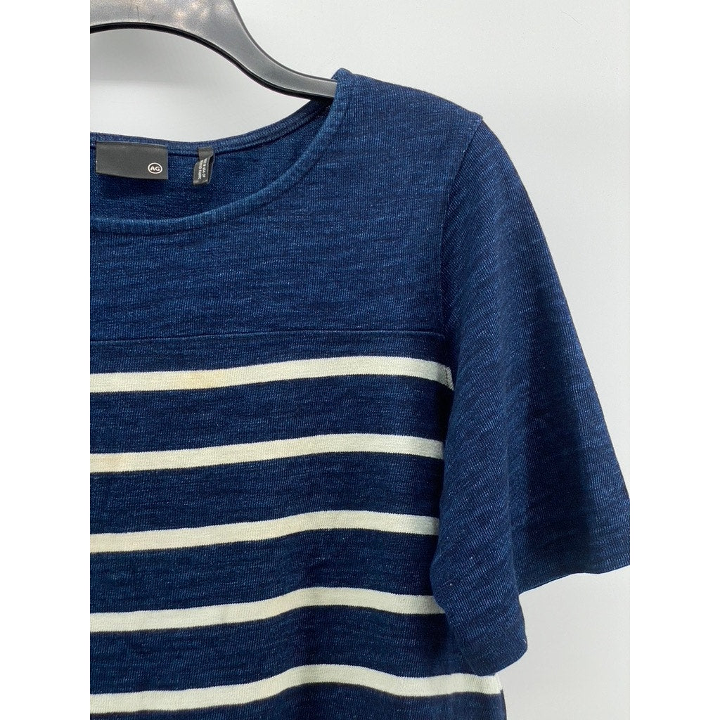 ADRIANO GOLDSCHMIED AG Women's Blue-White Striped Crewneck Cropped T-Shirt SZ M