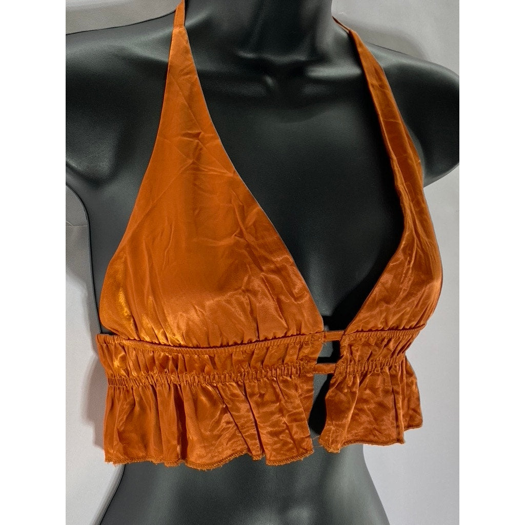 SHEIN Women's Orange Satin Open-Front Ruffle Tie-Neck Halter Crop Top SZ 2