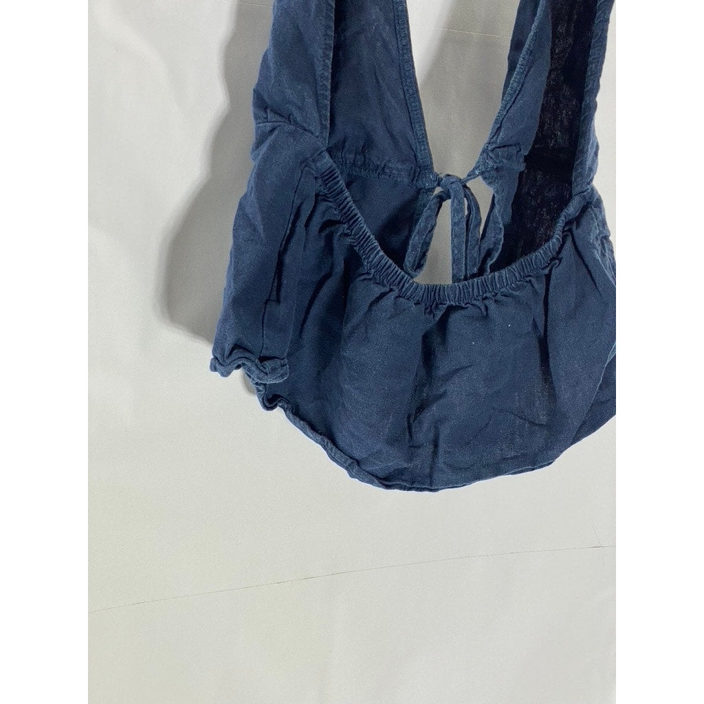 MELVILLE Women's Dark Blue Demin Linen-Blend Tie-Front Halter Crop Top SZ S