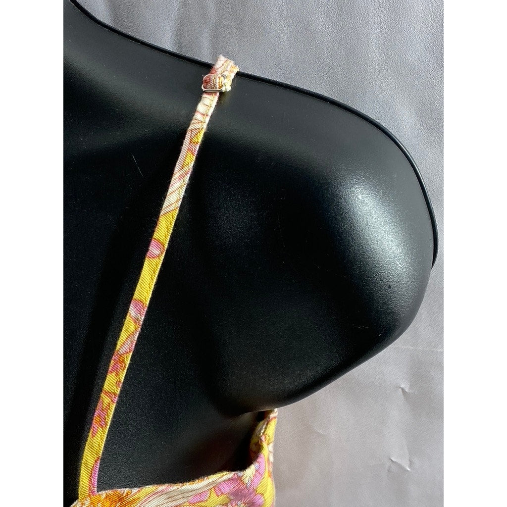 H&M Women's Orange Floral Print Linen-Blend Tie-Front Bralette Top SZ S