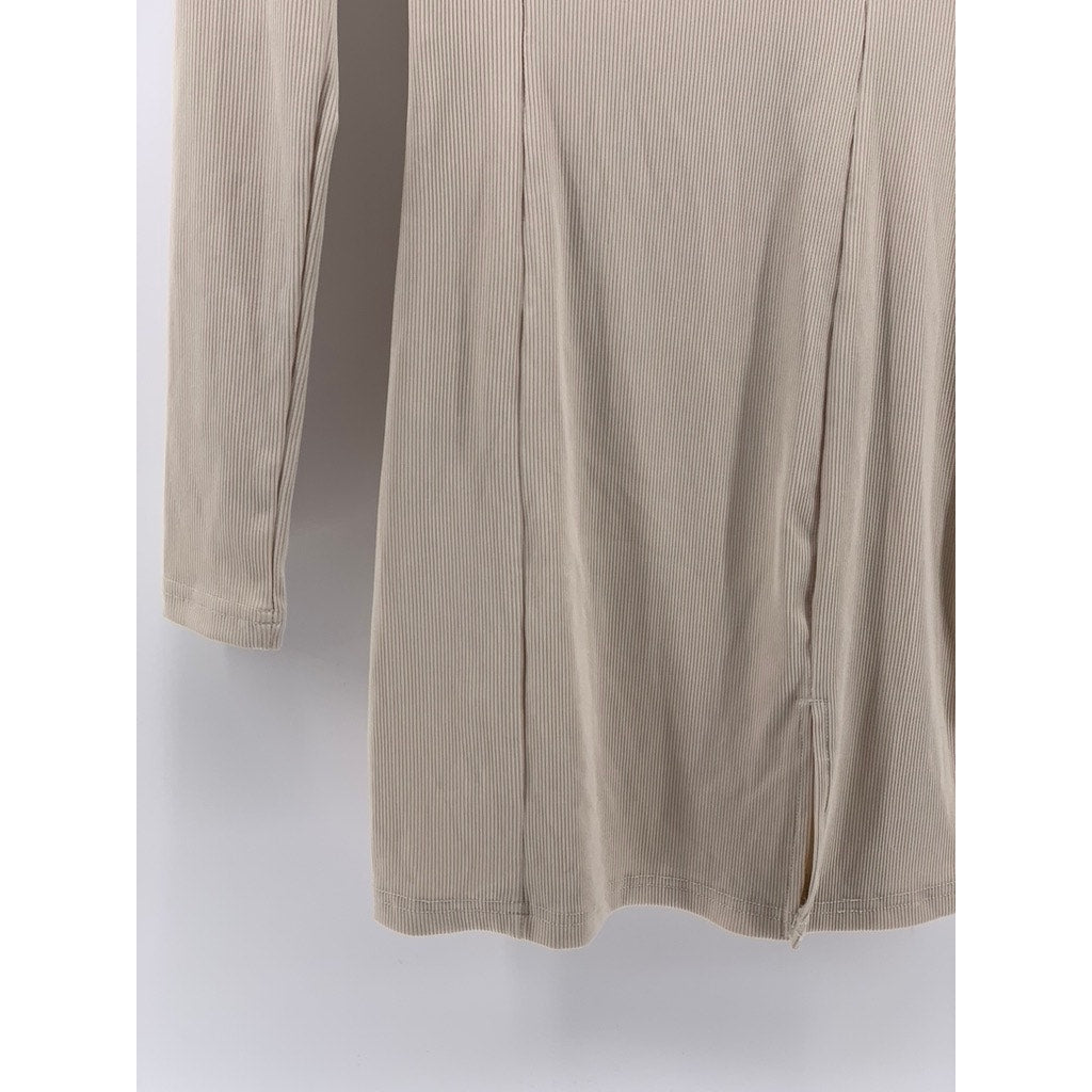 SHEIN Women's Beige Ribbed Square-Neck Slit Bodycon Dress SZ S