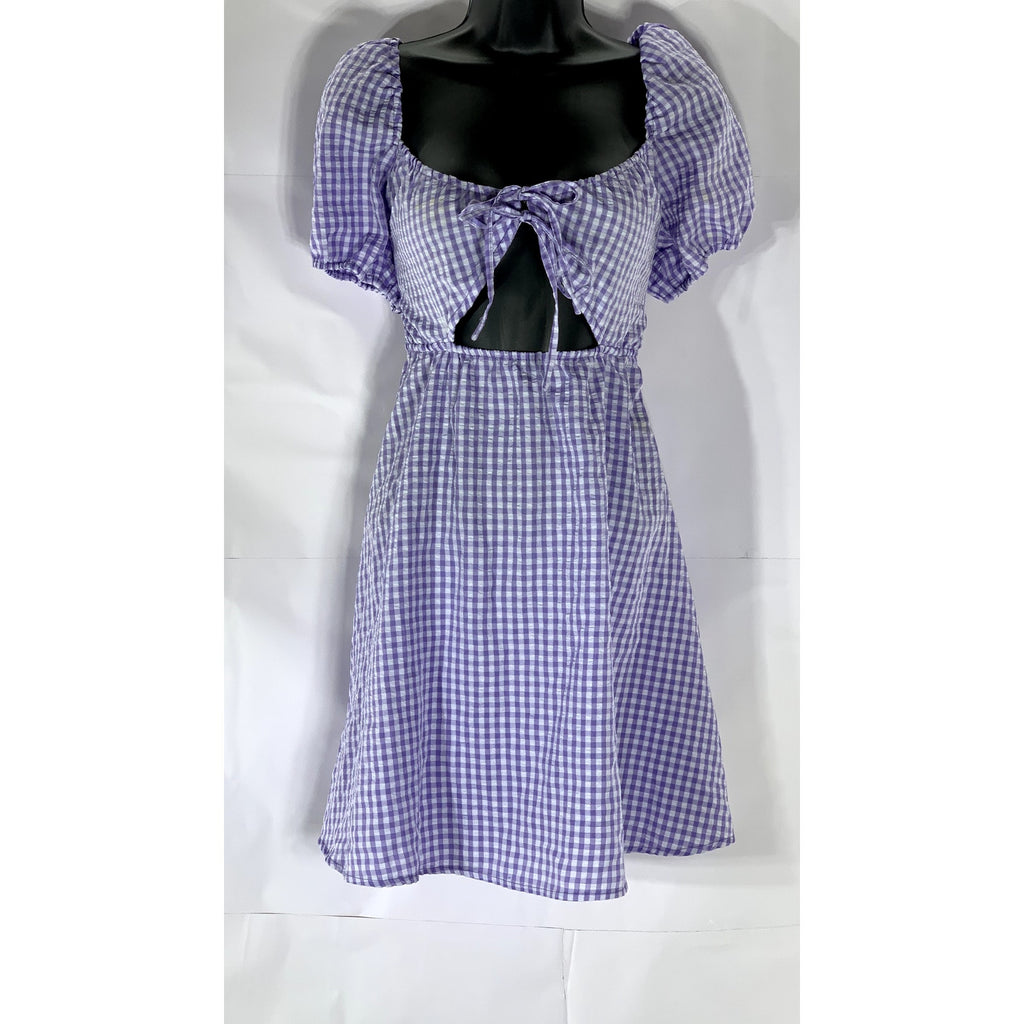 H&M Women's Purple-White Gingham Tie-Front Cutout Puff-Sleeve Mini Dress SZ XS