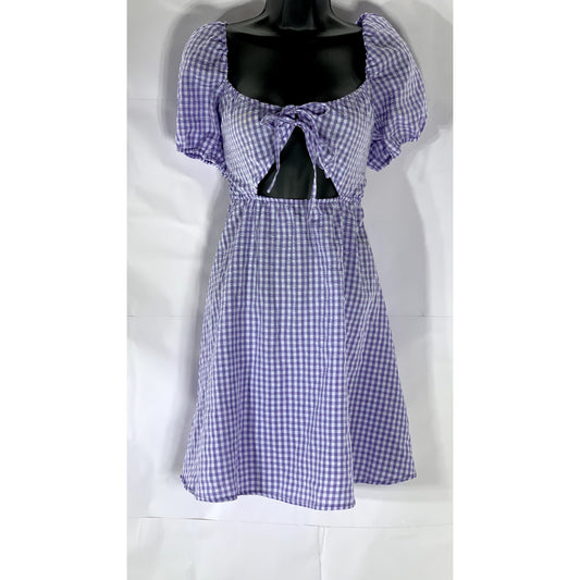 H&M Women's Purple-White Gingham Tie-Front Cutout Puff-Sleeve Mini Dress SZ XS