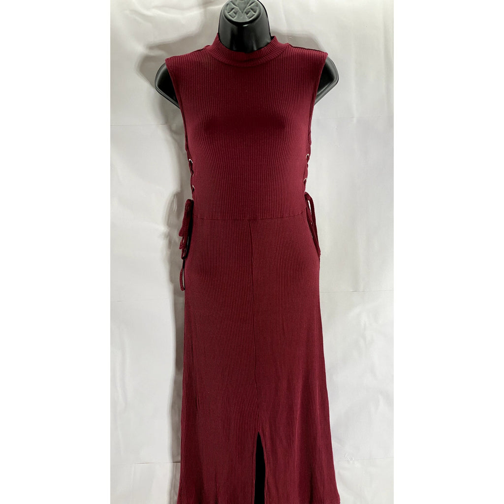 ASOS Women's Burgundy Ribbed Mock-Neck Sleeveless Ribbed Front-Slit Dress SZ 4