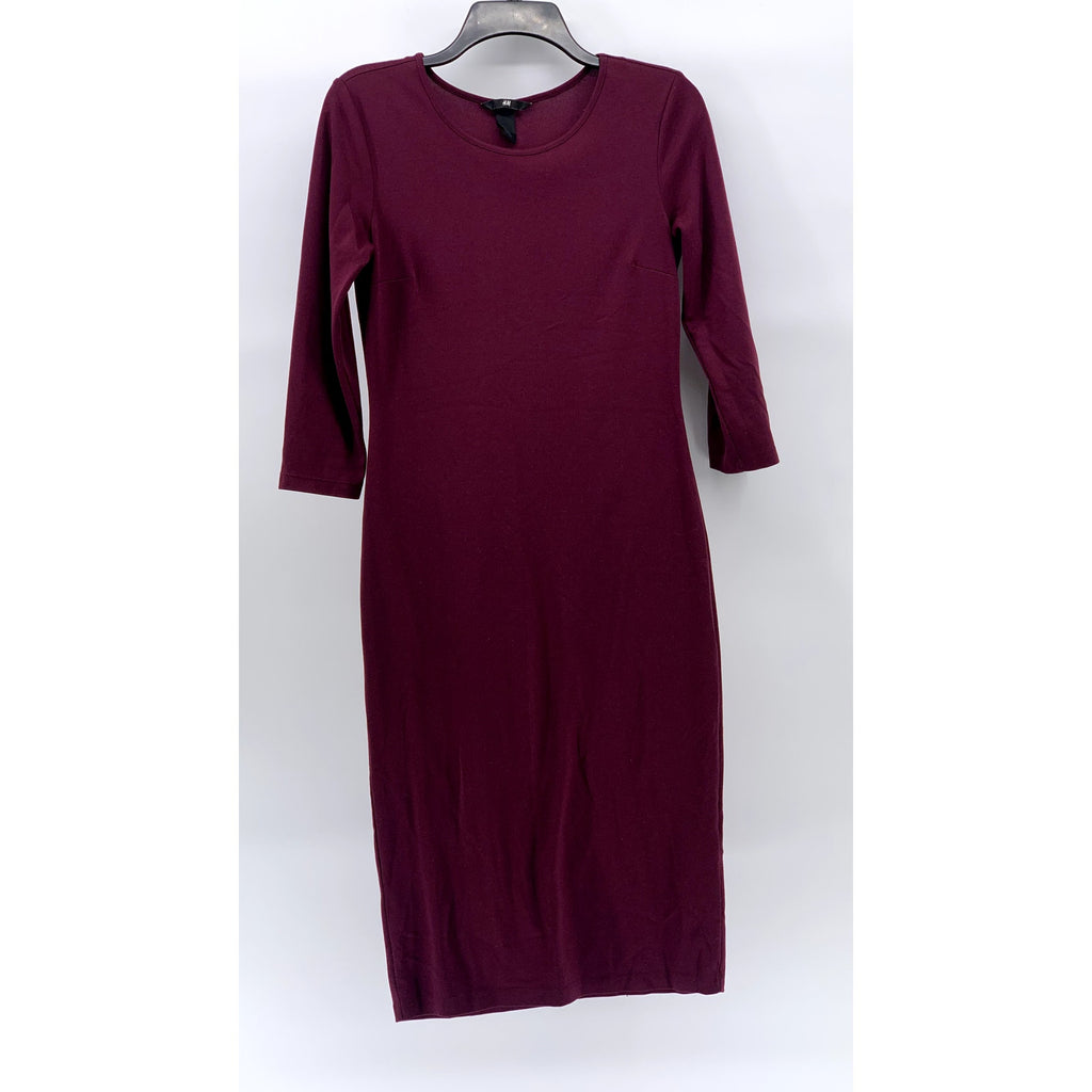 H&M Women's Burgundy Crewneck Long Sleeve Bodycon Midi Dress SZ S