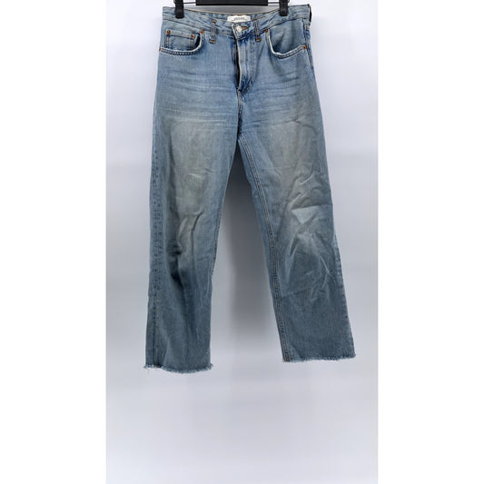 ZARA Women's Light Wash Blue Denim Straight-Leg Raw-Hem Five-Pocket Jeans SZ 4