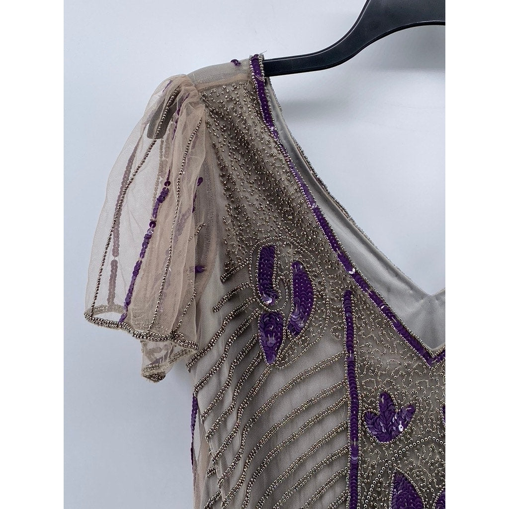 GATSBYLADY LONDON Women's Gray-Purple Beaded V-Neck Short Sleeve Dress SZ 6