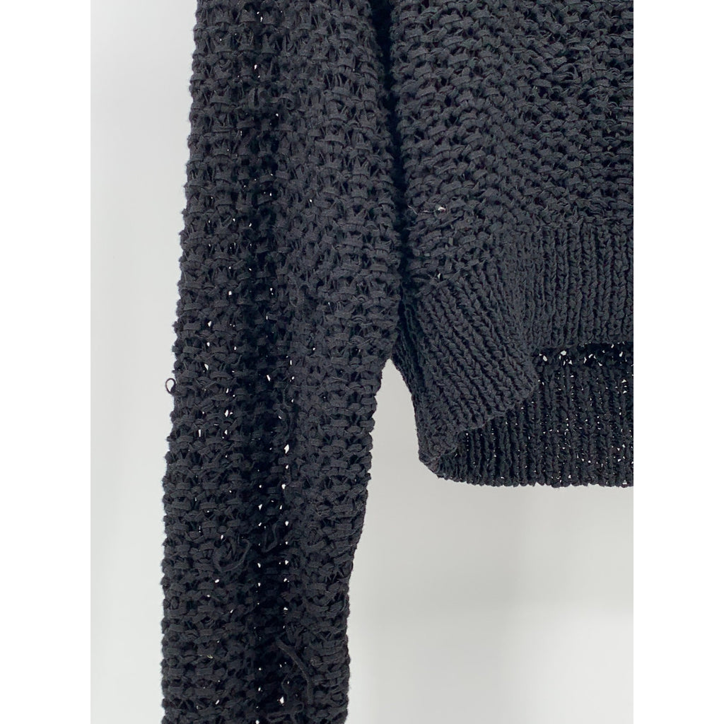 J.CREW Women's Black Open Knit Crewneck Button-Up Cropped Cardigan SZ M