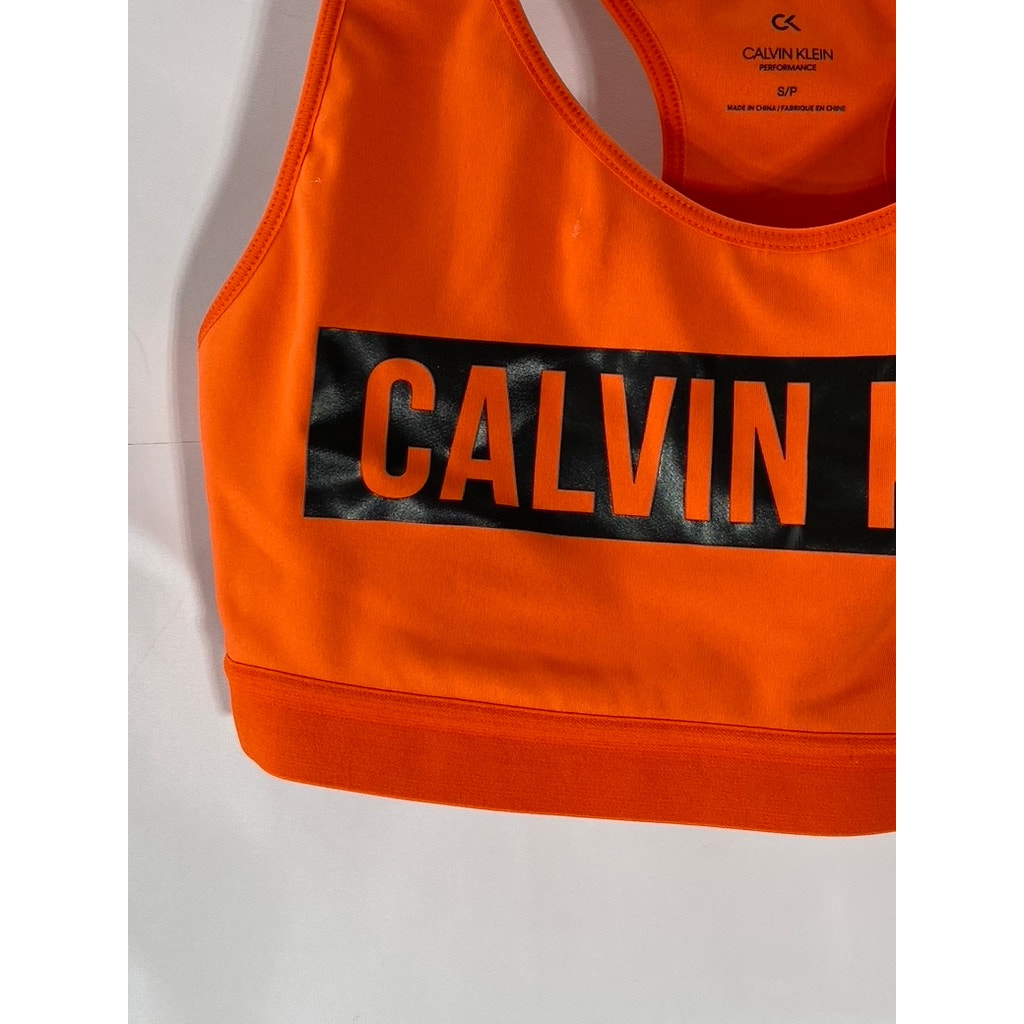 CALVIN KLEIN Women's Orange-Black Logo Scoop-Neck Racerback Sports Bra SZ S