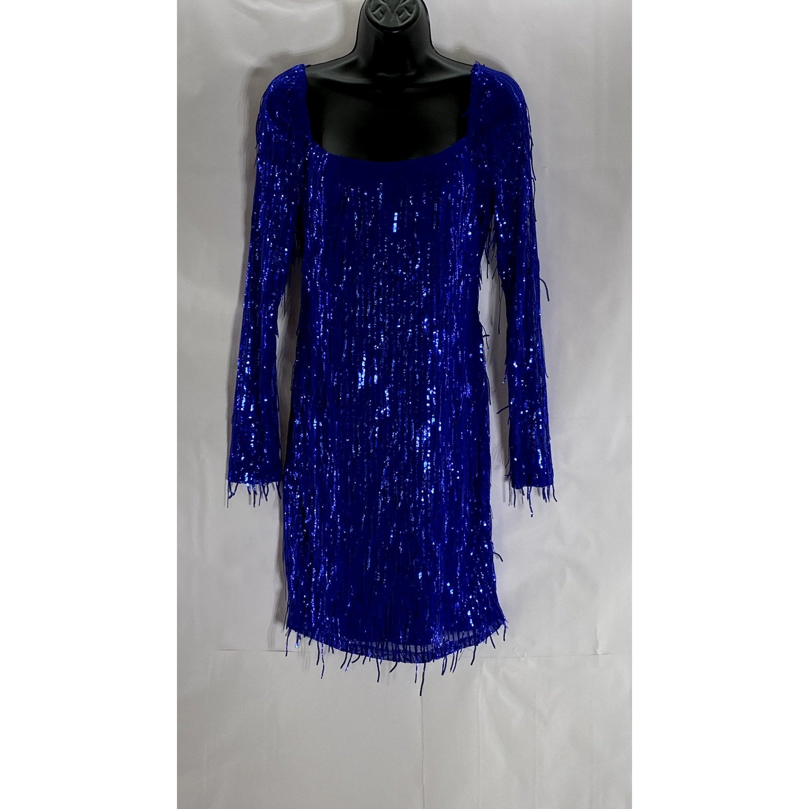 CITY TRIANGLES Juniors Blue Mesh Sequin Embellished Straight-Neck Mini Dress SZ7