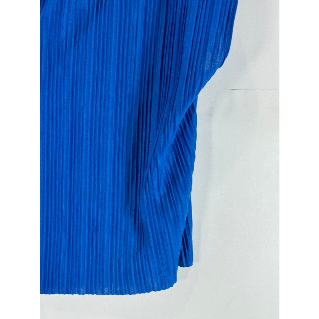 OAK + FORT Women's Classic Blue Deep V-Neck Relaxed-Fit Pleated Top SZ 2XS