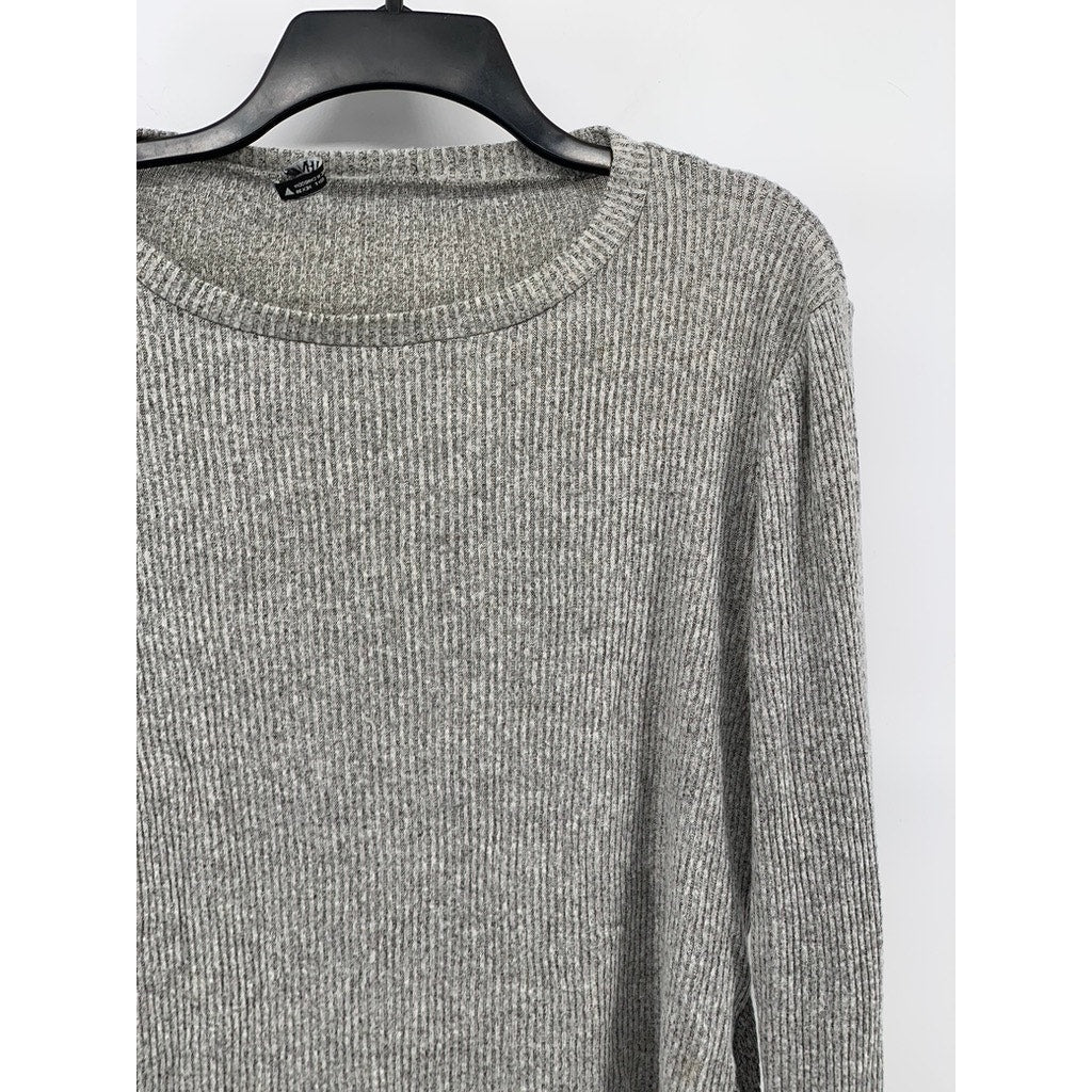 ZARA Women's Light Gray Ribbed Crewneck Long Sleeve Waist Tie Top SZ L