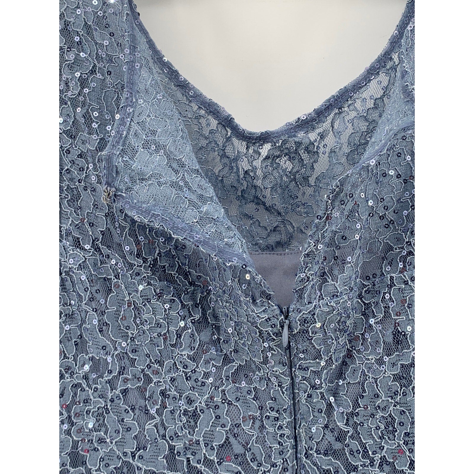 SLNY Women's Blue Sequin Embellished Floral Lace Short Sleeve A-Line Dress SZ 10