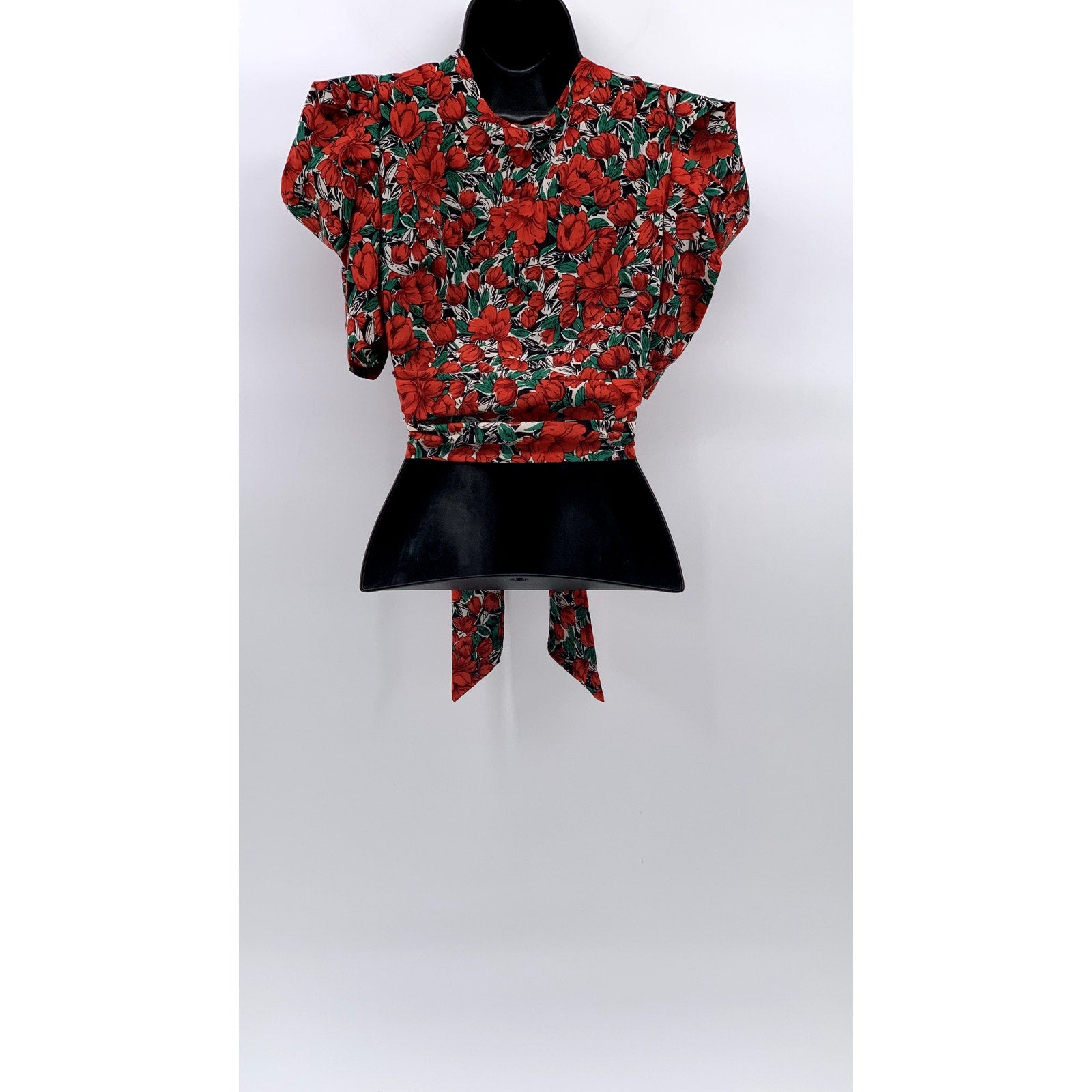 SHEIN Women's Red-Green Floral Short Puff Sleeve Wrap V-Neck Cropped Top SZ 4