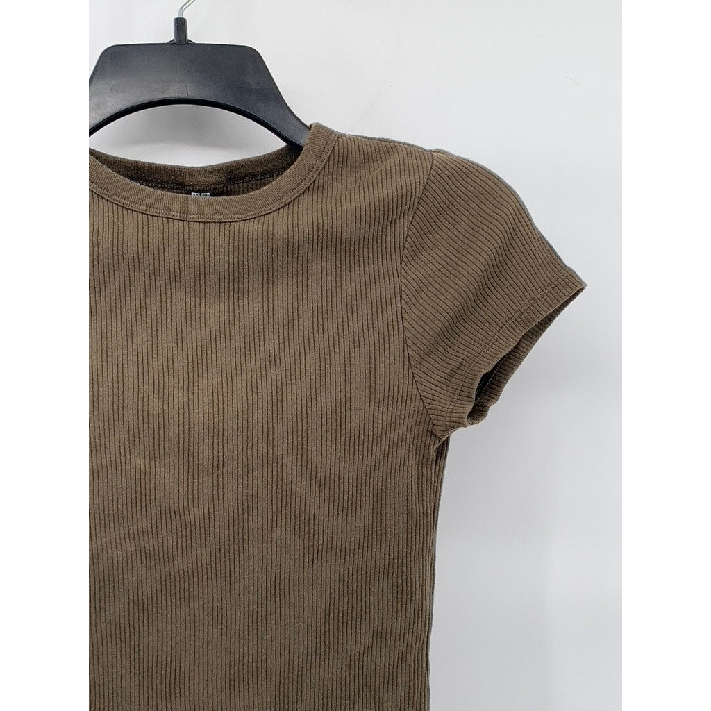 UNIQLO Women's Brown Ribbed Crewneck Short Sleeve Casual T-Shirt SZ XS