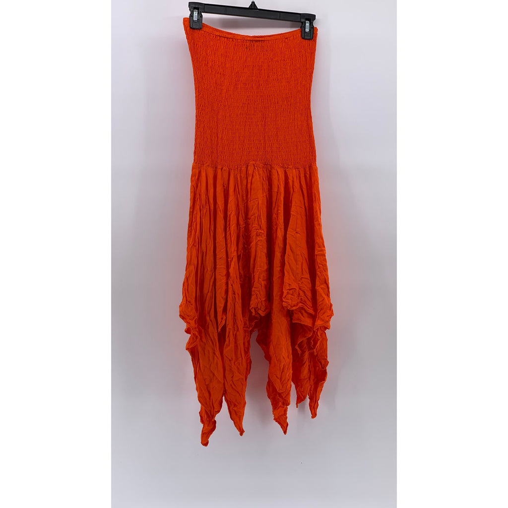 ECOTE Women's Orange Y2K Strapless Handkerchief Hem Smocked Midi Dress SZ M