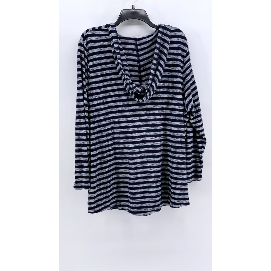 AVENUE Women's Plus Navy-Gray Striped V-Neck Hooded Long Sleeve Top 22/24
