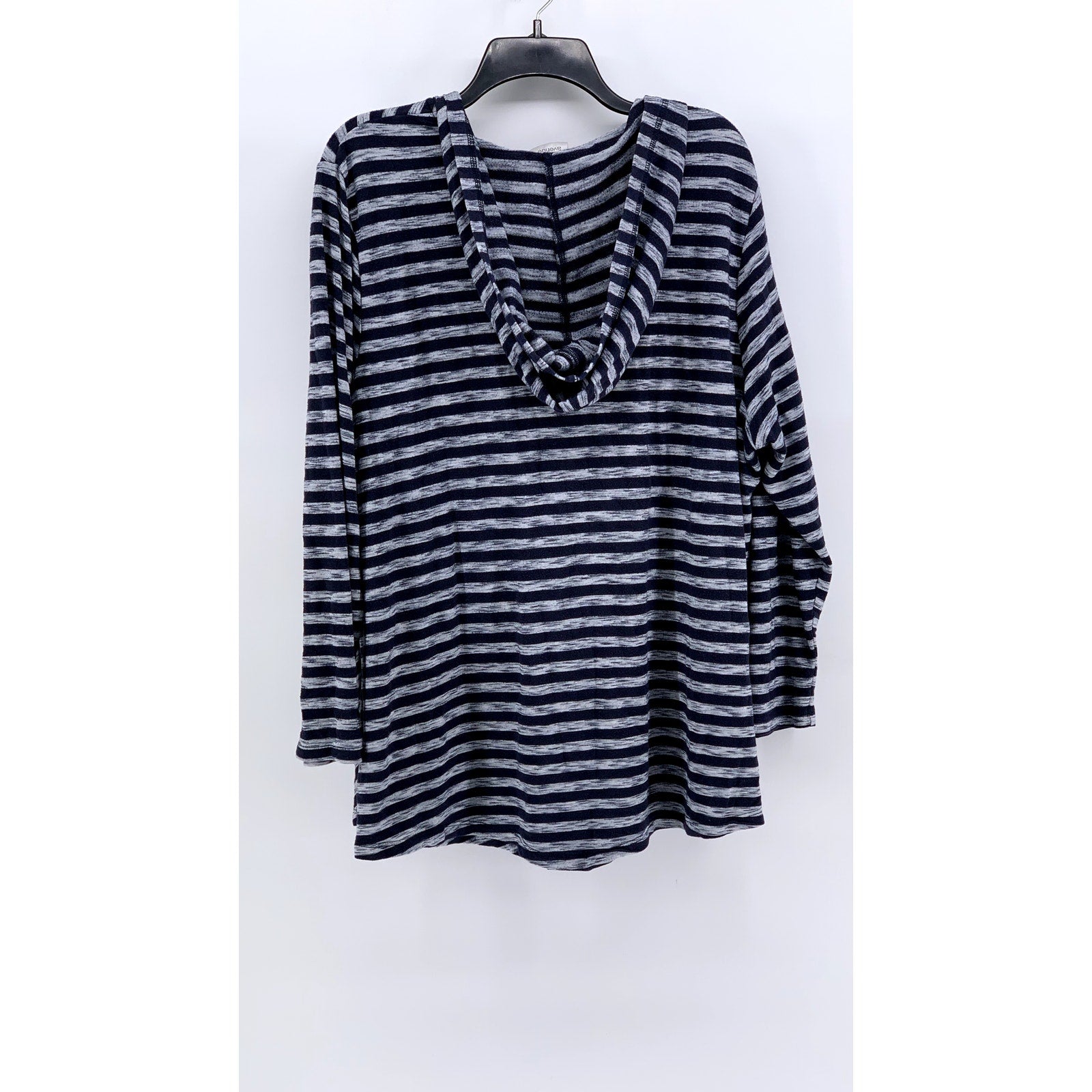 AVENUE Women's Plus Navy-Gray Striped V-Neck Hooded Long Sleeve Top 22/24