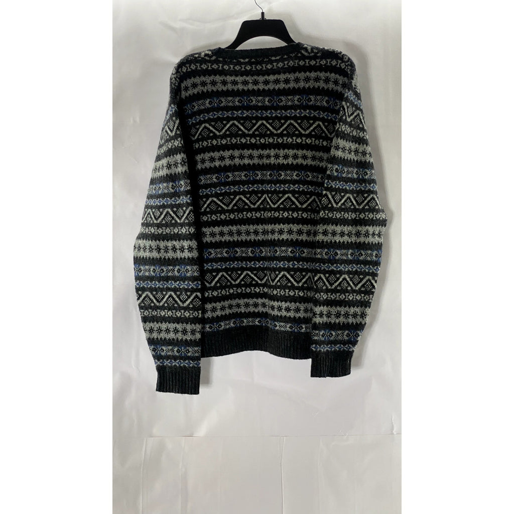 NAUTICA Men's Gray/Blue Fair Isle Printed V-Neck Wool Pullover Sweater SZ L