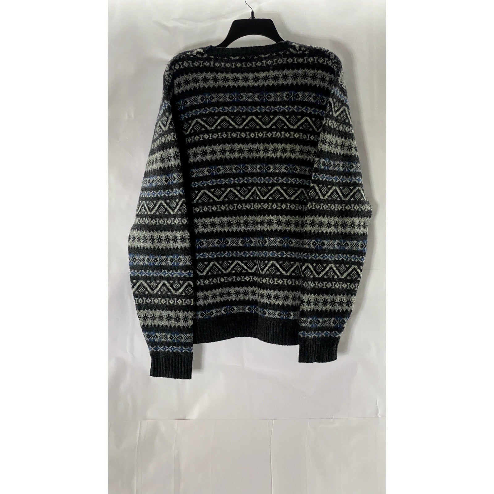 NAUTICA Men's Gray/Blue Fair Isle Printed V-Neck Wool Pullover Sweater SZ L