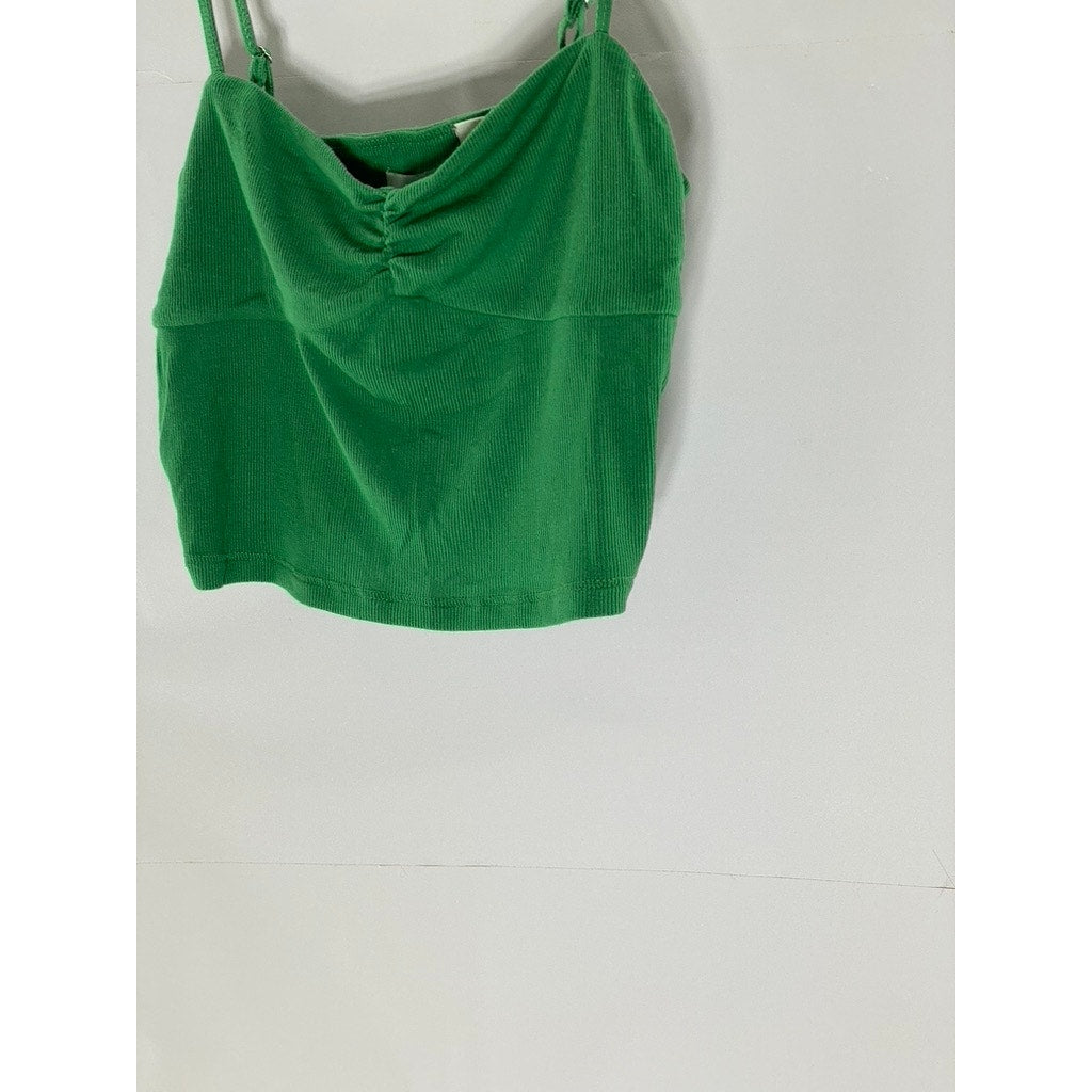 SUN-DEH Women's Dark Green Sweetheart Neck Adjustable Strap Ribbed Crop Top SZ S